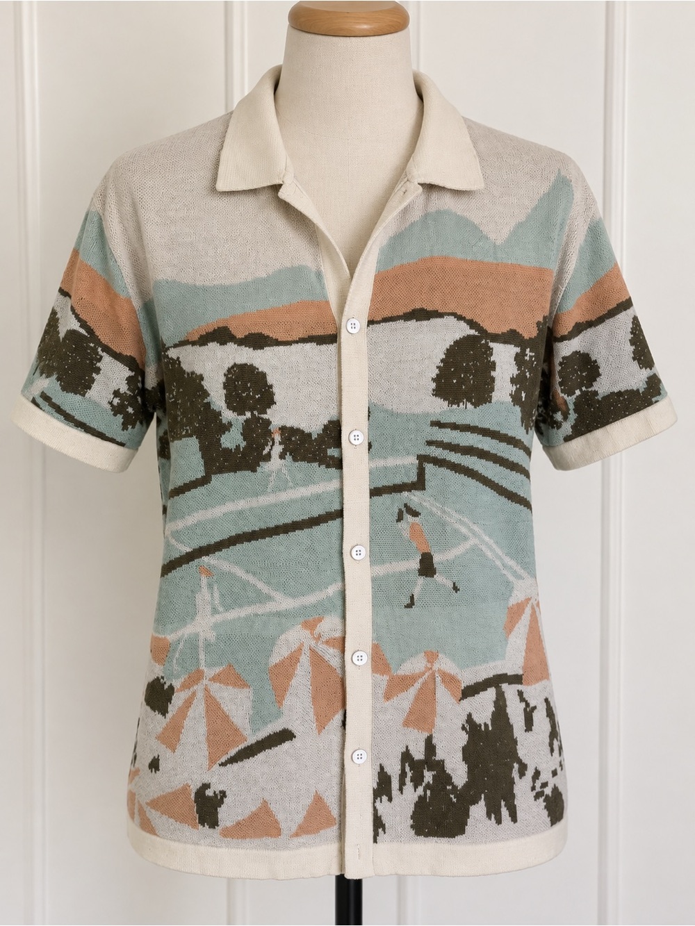 Free Planet Scenic Knit Camp Shirt in Beige, Sage & Tan